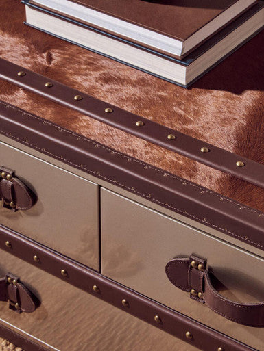 Brown and White Genuine Cowhide Coffee Table with 3 Drawers and Leather Handles | Kensington Townhouse