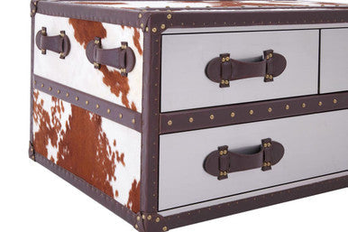 Brown and White Genuine Cowhide Coffee Table with 3 Drawers and Leather Handles | Kensington Townhouse