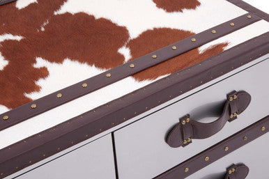 Brown and White Genuine Cowhide Coffee Table with 3 Drawers and Leather Handles | Kensington Townhouse