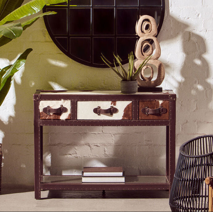 Brown and White Cowhide 3-Drawer Console Table with Leather Trim | Kensington Townhouse