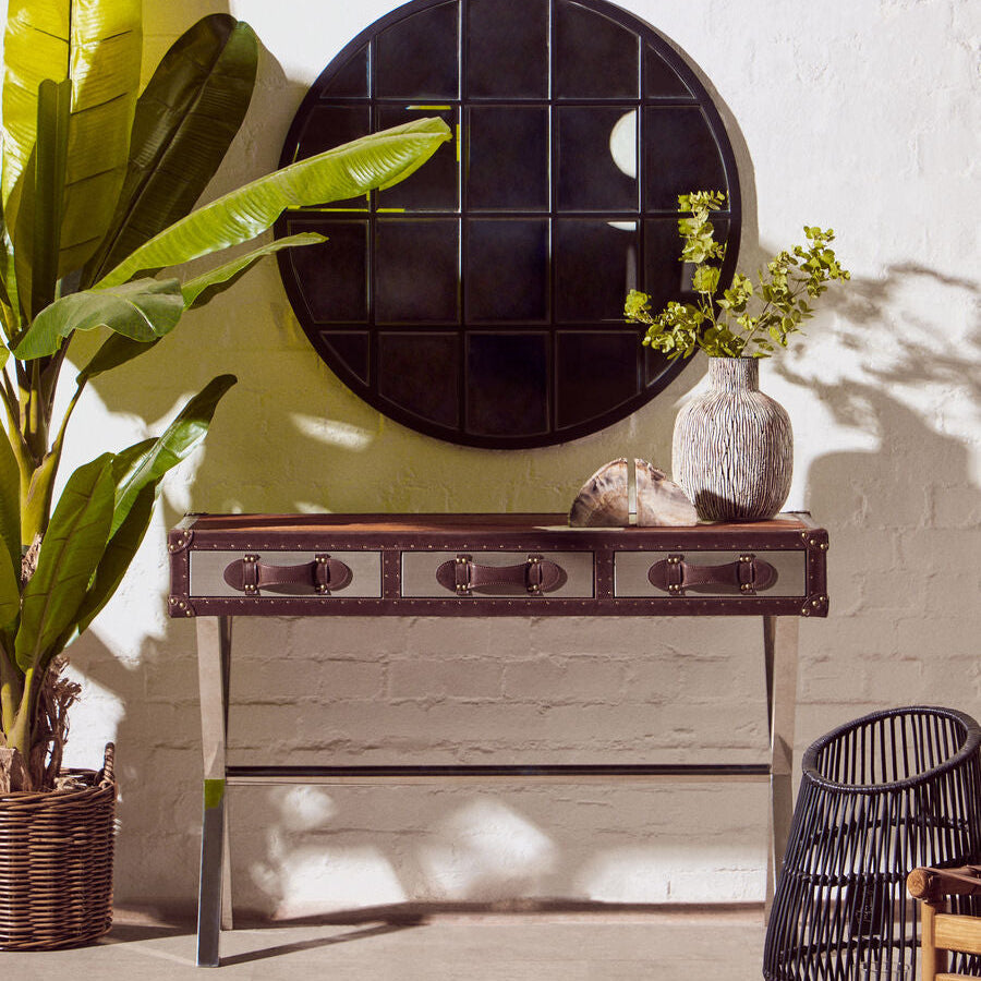 Brown and White Genuine Cowhide 3-Drawer Console Table with Crossed Stainless Steel Legs | Kensington Townhouse