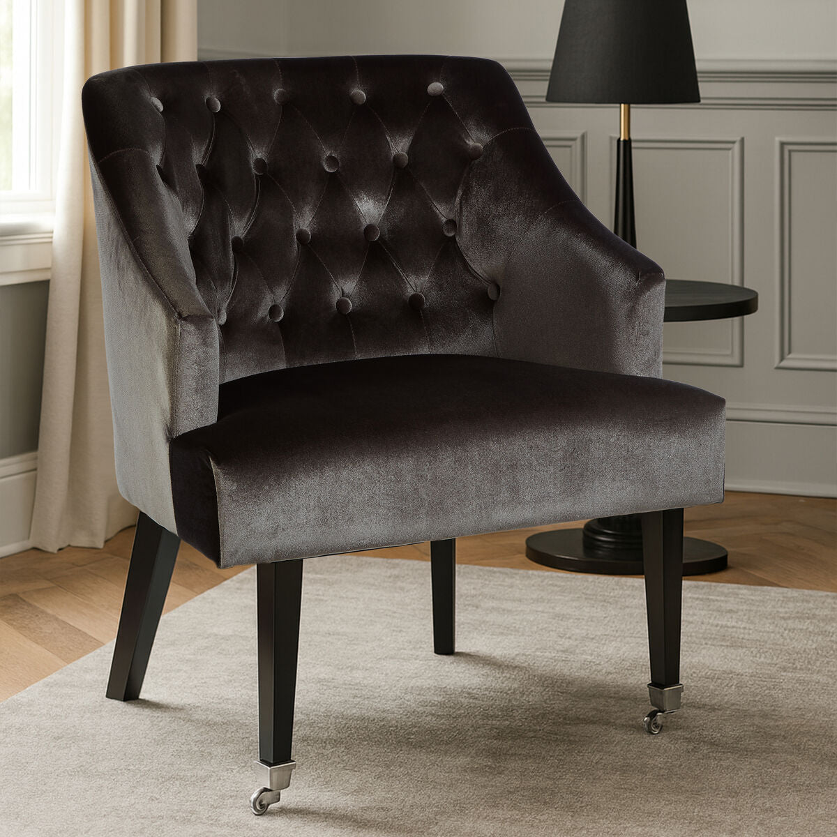 Darwin Grey Velvet Chair with Button Tufting