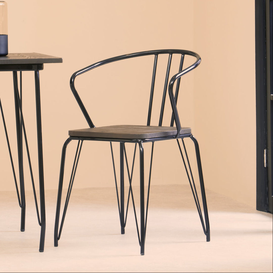 District Black Metal and Elm Wood Armchair with Hairpin Legs