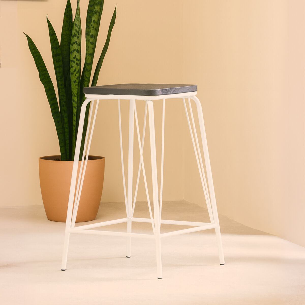 District White Elm Wood Stool with Metal Frame