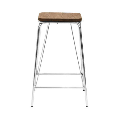 District Chrome Metal And Elm Wood Square Bar Stool