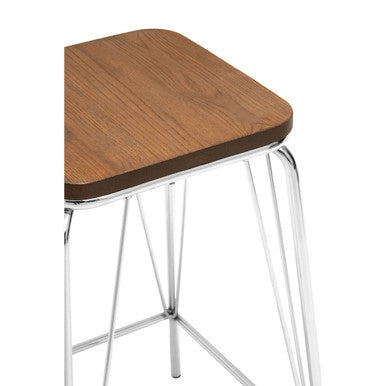 District Chrome Metal And Elm Wood Square Bar Stool