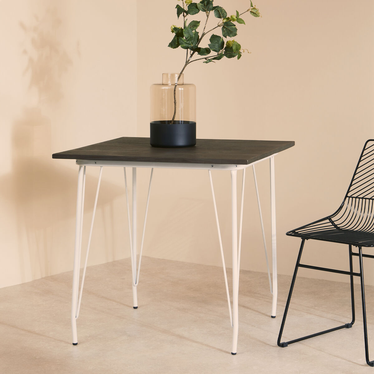 White Metal Legs and Brown Elm Wood Top Square Dining Table | District