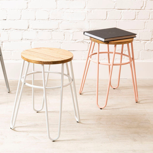District Pink Metal And Elm Wood Hairpin Stool