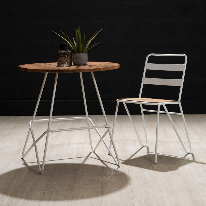 District White Metal and Elm Wood Round Dining Table