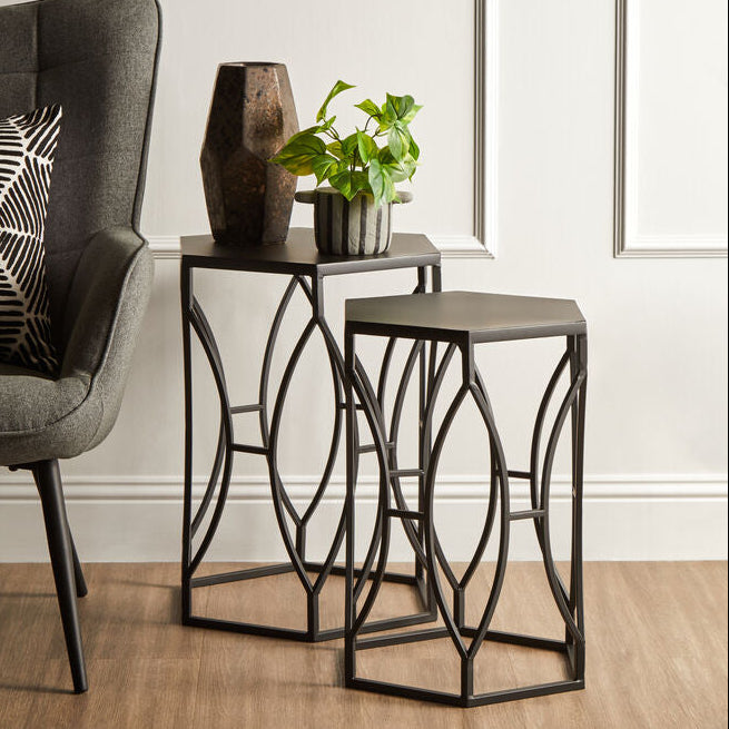 Avantis Set of 2 Black Metal Hexagon Side Tables