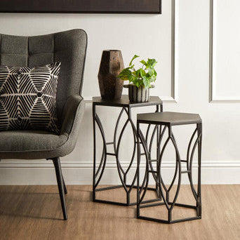 Avantis Set of 2 Black Metal Hexagon Side Tables