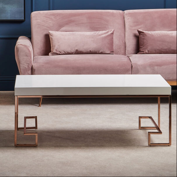 White High Gloss Wood Top Coffee Table with Rose Gold Angled Stainless Steel Leg | Allure