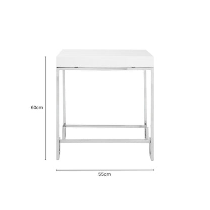 White High Gloss Wood Top End Table with Silver Chrome Angled Stainless Steel Leg | Allure