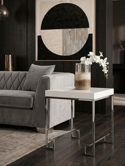 White High Gloss Wood Top End Table with Silver Chrome Angled Stainless Steel Leg | Allure