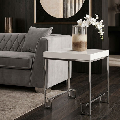 White High Gloss Wood Top End Table with Silver Chrome Angled Stainless Steel Leg | Allure