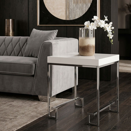 White High Gloss Wood Top End Table with Silver Chrome Angled Stainless Steel Leg | Allure