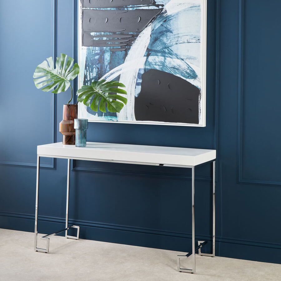 White High Gloss Wood Top Coffee Table with Silver Chrome Metal Leg | Allure