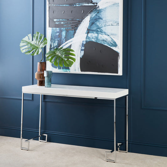 White High Gloss Wood Top Coffee Table with Silver Chrome Metal Leg | Allure