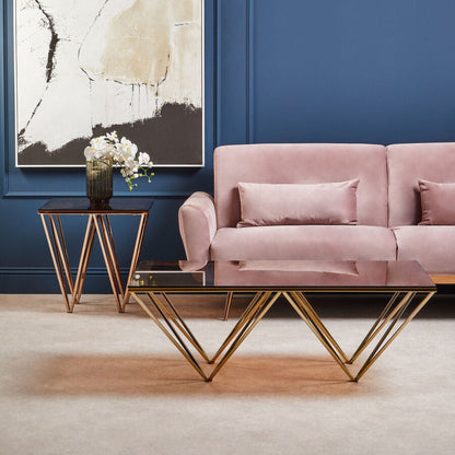 Red-Tinted Tempered Glass Top Coffee Table with Geometric Prismatic Champagne Metal Legs | Allure