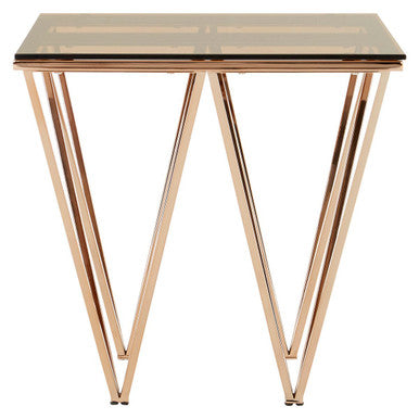 Amber Tinted Glass Top End Table with Rose Gold Prismatic Legs | Allure