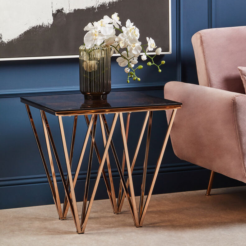 Amber Tinted Glass Top End Table with Rose Gold Prismatic Legs | Allure