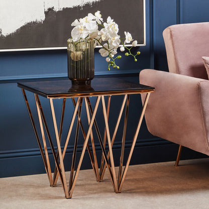 Amber Tinted Glass Top End Table with Rose Gold Prismatic Legs | Allure