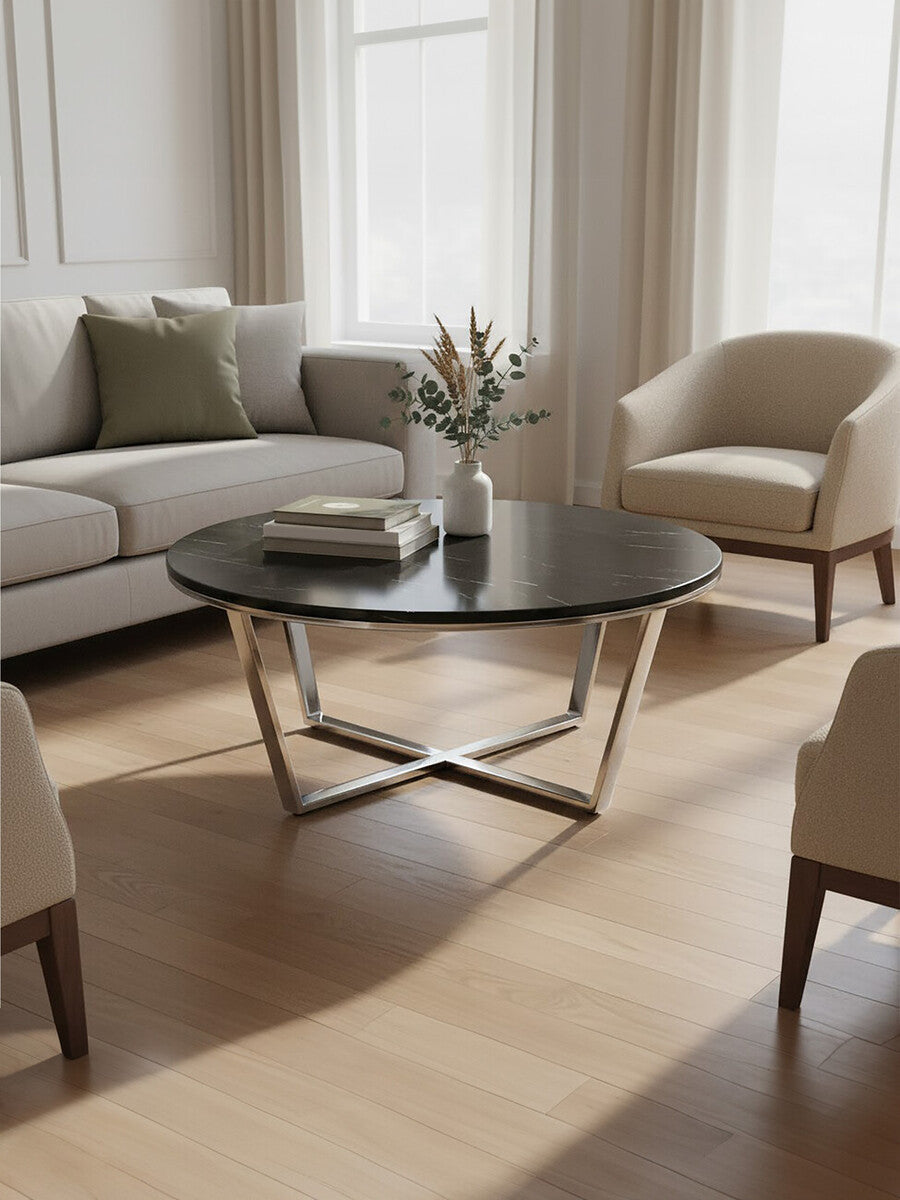 Round Black Faux Marble Coffee Table with Chrome Lattice Leg Design | Allure