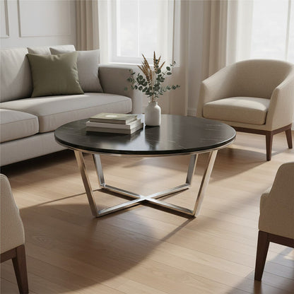 Round Black Faux Marble Coffee Table with Chrome Lattice Leg Design | Allure
