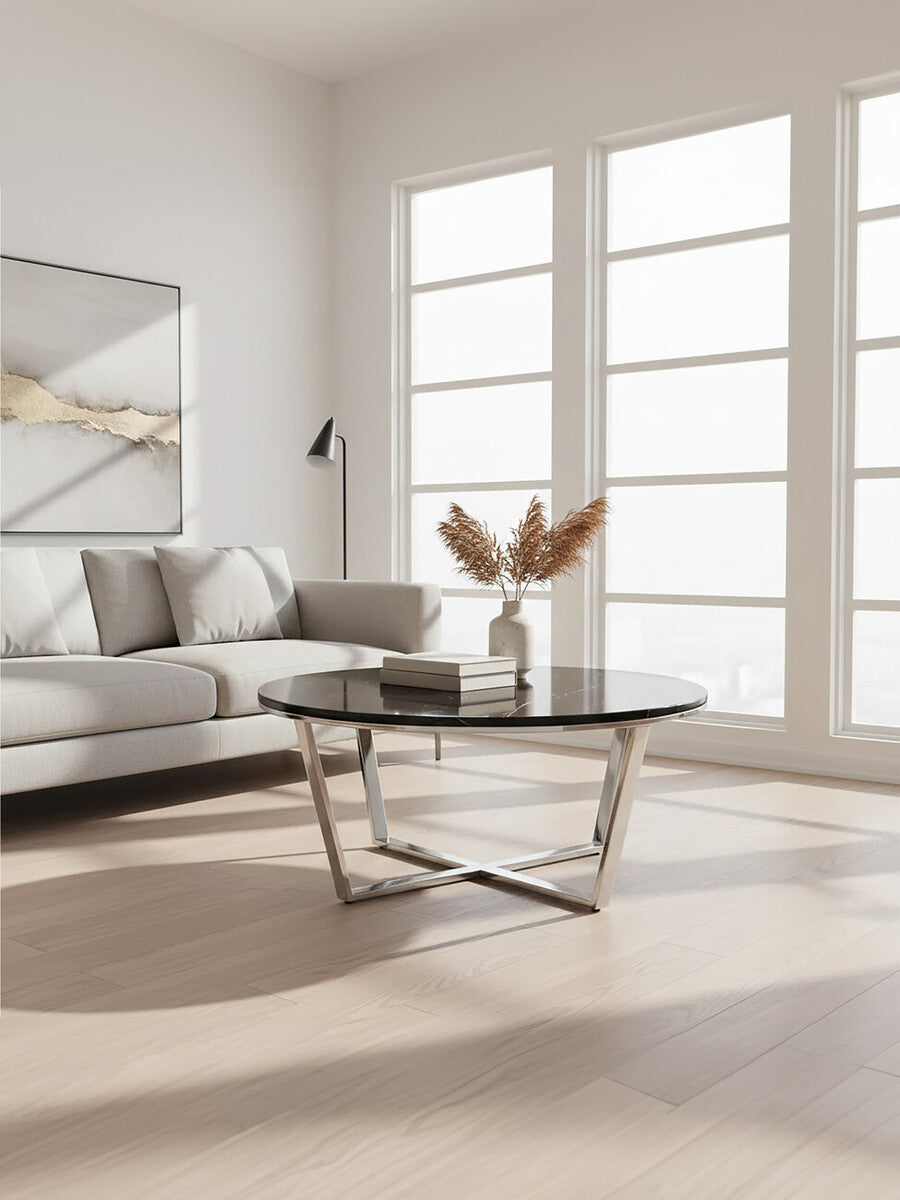 Round Black Faux Marble Coffee Table with Chrome Lattice Leg Design | Allure