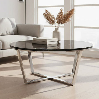 Round Black Faux Marble Coffee Table with Chrome Lattice Leg Design | Allure
