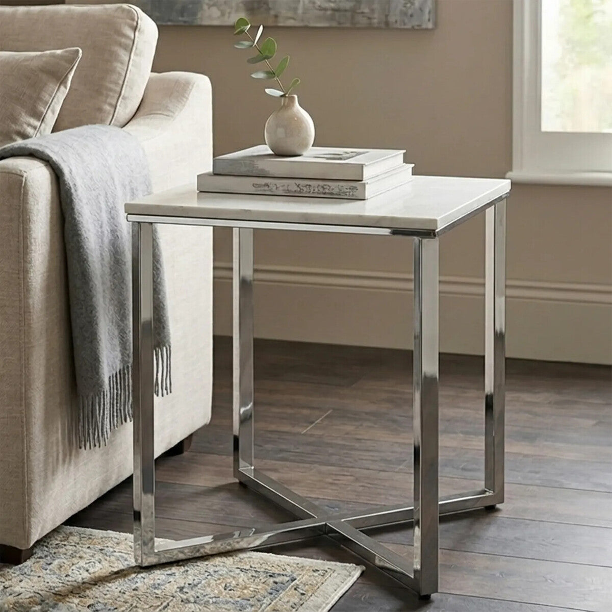 Square White Faux Marble End Table with Silver Chrome Metal Legs | Allure