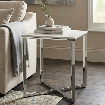 Square White Faux Marble End Table with Silver Chrome Metal Legs | Allure