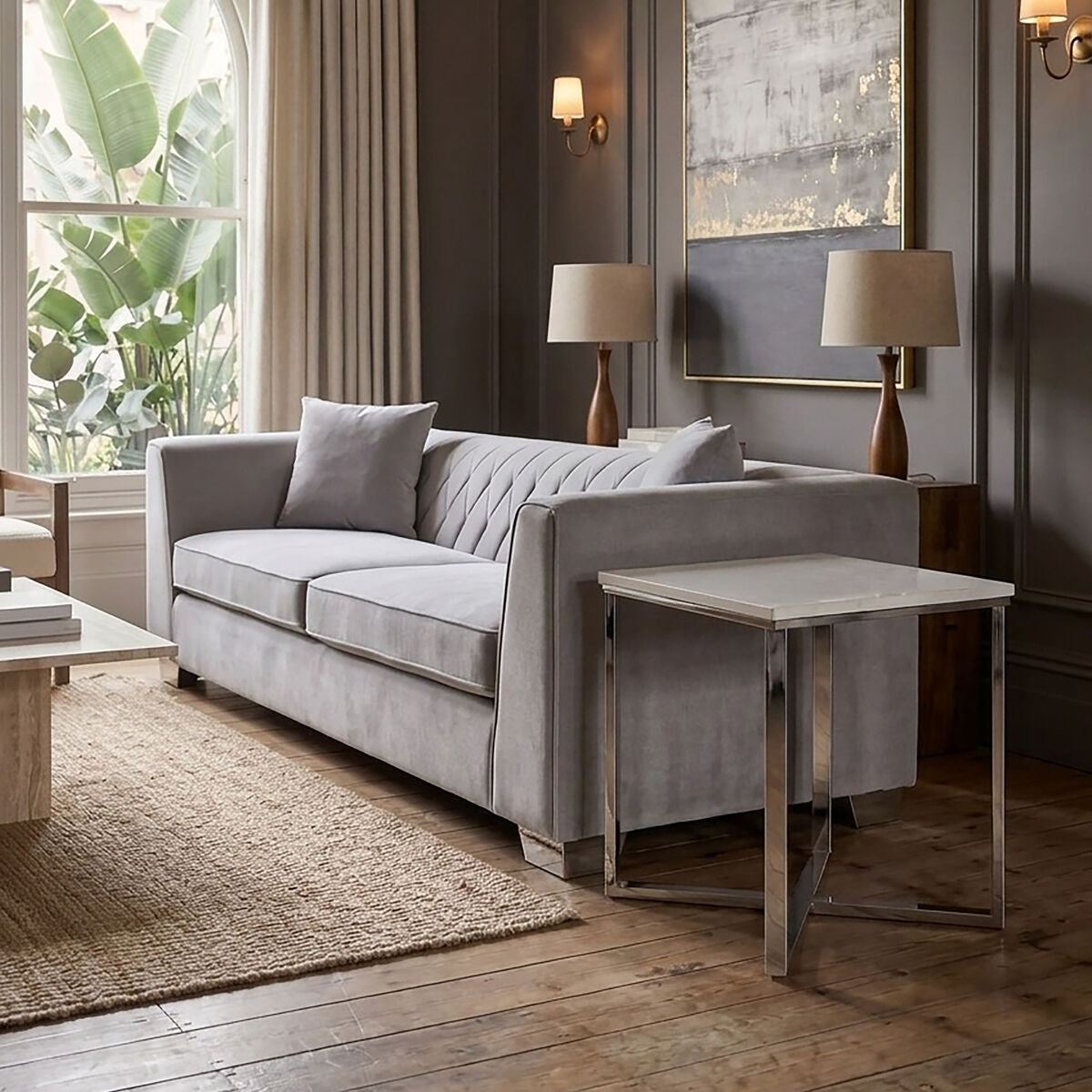Square White Faux Marble End Table with Silver Chrome Metal Legs | Allure