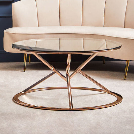 Rose Gold Stainless Steel Base Round Coffee Table with Tempered Glass Top | Allure