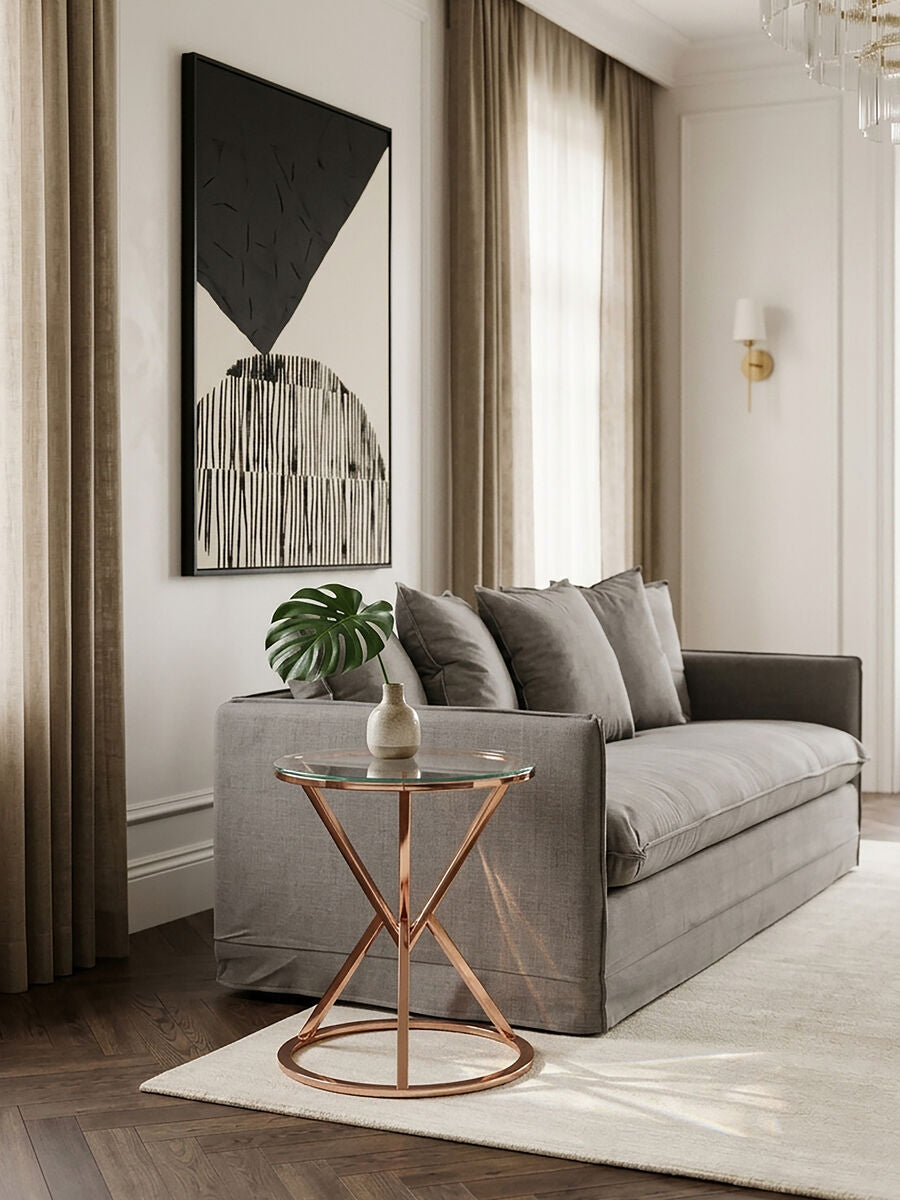 Rose Gold Stainless Steel Base Round End Table with Tempered Glass Top | Allure
