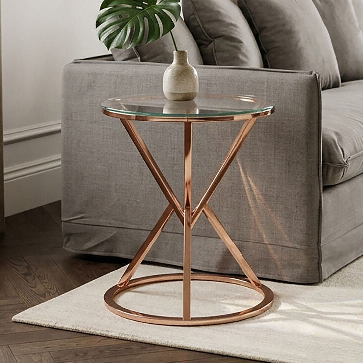 Rose Gold Stainless Steel Base Round End Table with Tempered Glass Top | Allure