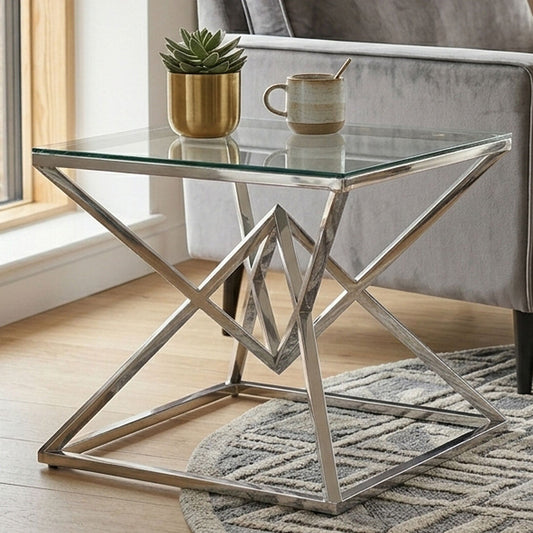 Silver Stainless Steel Base Square Coffee Table with Tempered Glass Top | Allure