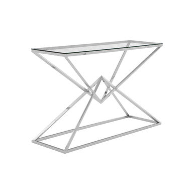 Rectangular Tempered Glass Top Console Table with Silver Stainless Steel Frame | Allure