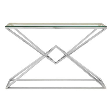 Rectangular Tempered Glass Top Console Table with Silver Stainless Steel Frame | Allure