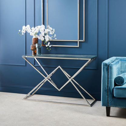 Rectangular Tempered Glass Top Console Table with Silver Stainless Steel Frame | Allure