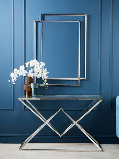 Rectangular Tempered Glass Top Console Table with Silver Stainless Steel Frame | Allure