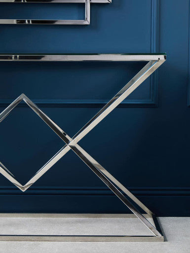 Rectangular Tempered Glass Top Console Table with Silver Stainless Steel Frame | Allure
