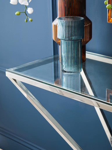 Rectangular Tempered Glass Top Console Table with Silver Stainless Steel Frame | Allure