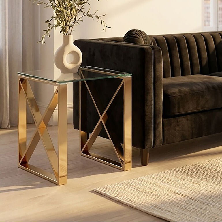 Champagne Gold Stainless Steel Cross Legs End Table with Tempered Glass Top | Allure
