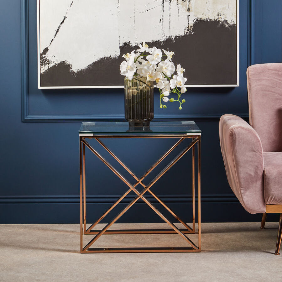 Rose Gold Stainless Steel Cross Legs End Table with Tempered Glass Top | Allure