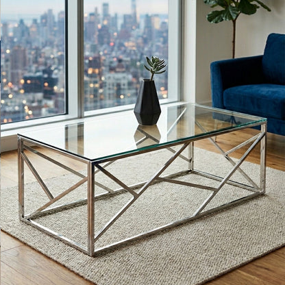 Rectangular Tempered Glass Top Coffee Table with Champagne Gold Geometric Steel Legs | Allure