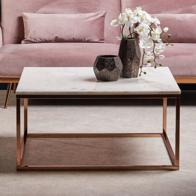 Square White Marble Top Coffee Table in Rose Gold Finish Stainless Steel Legs | Allure