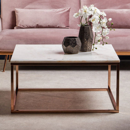 Square White Marble Top Coffee Table in Rose Gold Finish Stainless Steel Legs | Allure