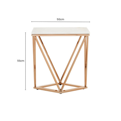 White Marble Champagne Rectangular End Table with Rose Gold Metal Frame | Allure