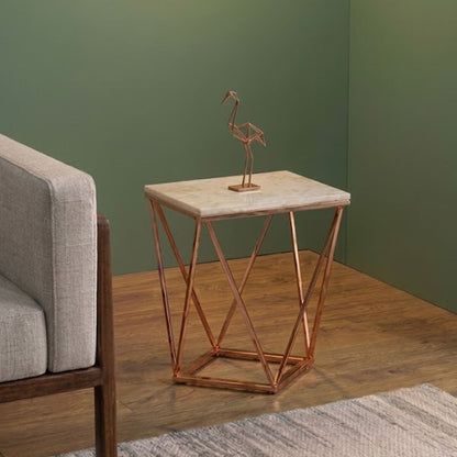 White Marble Champagne Rectangular End Table with Rose Gold Metal Frame | Allure